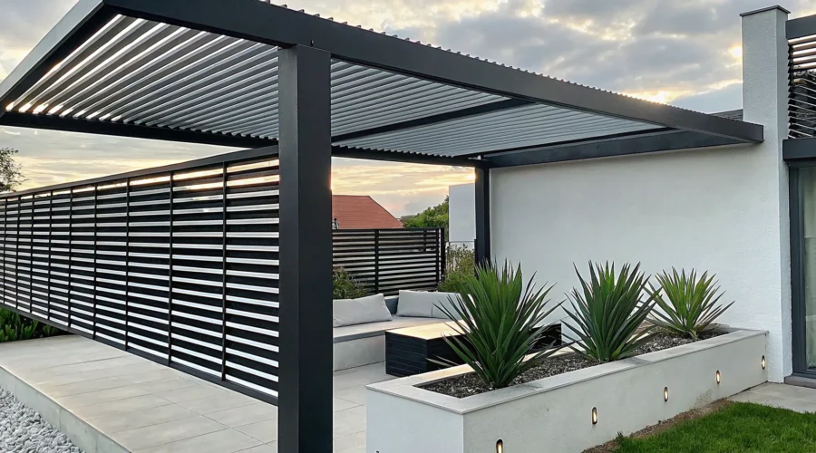 Modern patio pergola idea with a louvered roof and sleek outdoor furniture.