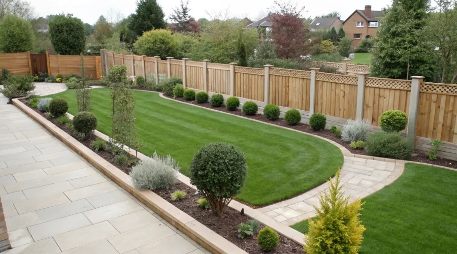A modern wooden privacy fence is a stylish idea for a backyard.