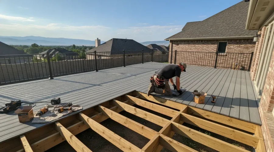 Composite decking installation process on a Utah home