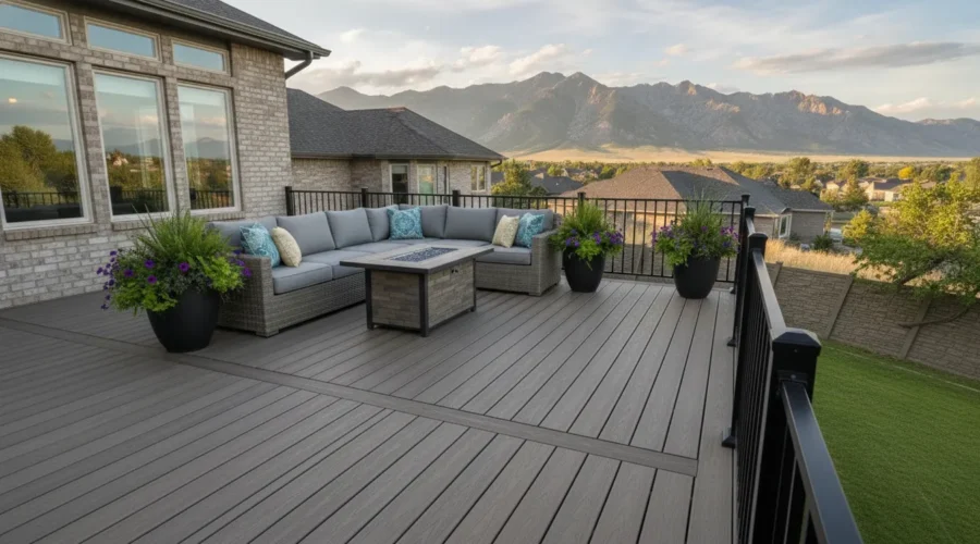 Composite decking on a Utah home with views of the mountains, showing low-maintenance composite boards
