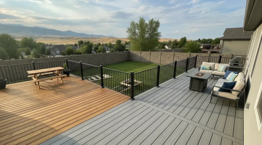 Composite and pressure-treated wood deck surfaces in a Utah backyard