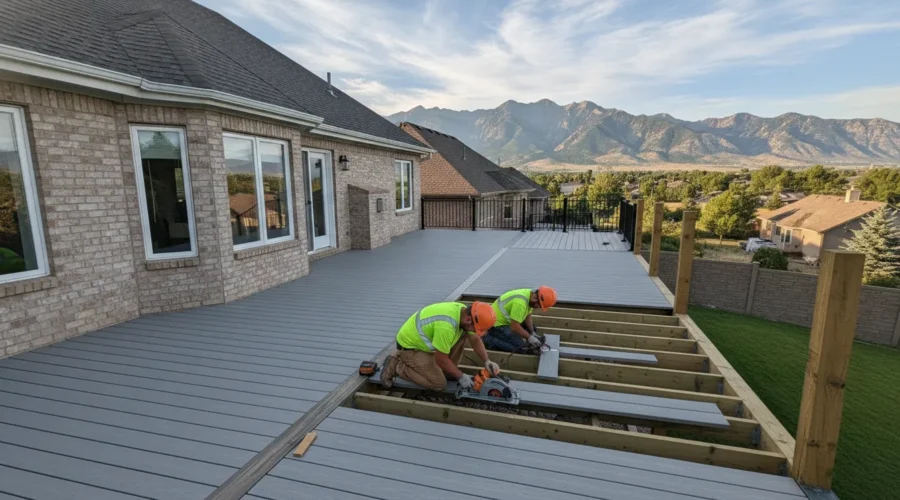 Professional deck builder installing composite deck boards on a home in northern Utah with mountains in the background