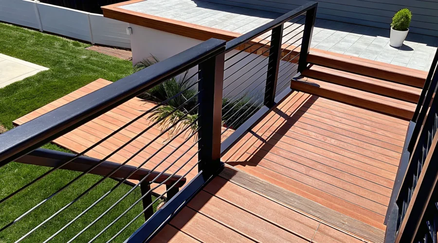 Safe and modern deck stairs with wood treads and horizontal metal railings.