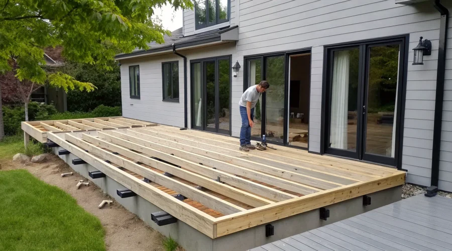 Deck construction in progress, showing the wood frame and joists attached to a house.