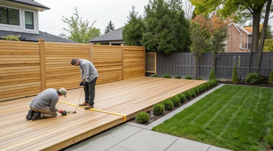 A team of deck and fence contractors building a new wood deck and fence.