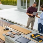 Custom deck builders reviewing plans and material options with a couple.