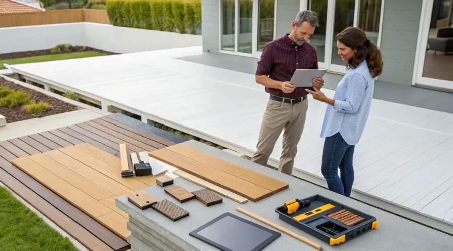 Custom deck builders reviewing plans and material options with a couple.