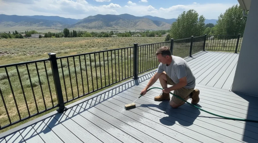 Utah homeowner gently cleaning a composite deck with a soft brush