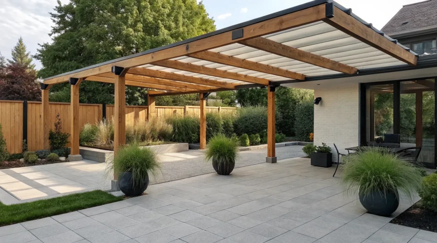 A fabric canopy is a popular way to cover your pergola for shade and style.