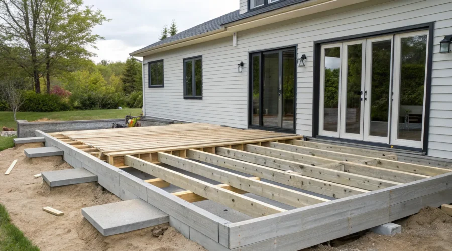 Completed deck framing with joists, beams, and posts attached to a ledger board.