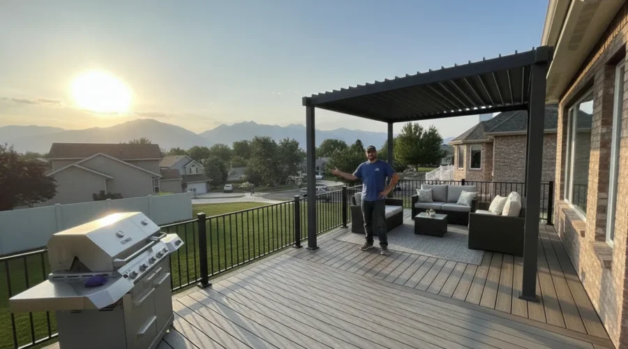 Composite deck and covered pergola outdoor living space on a Utah backyard at golden hour