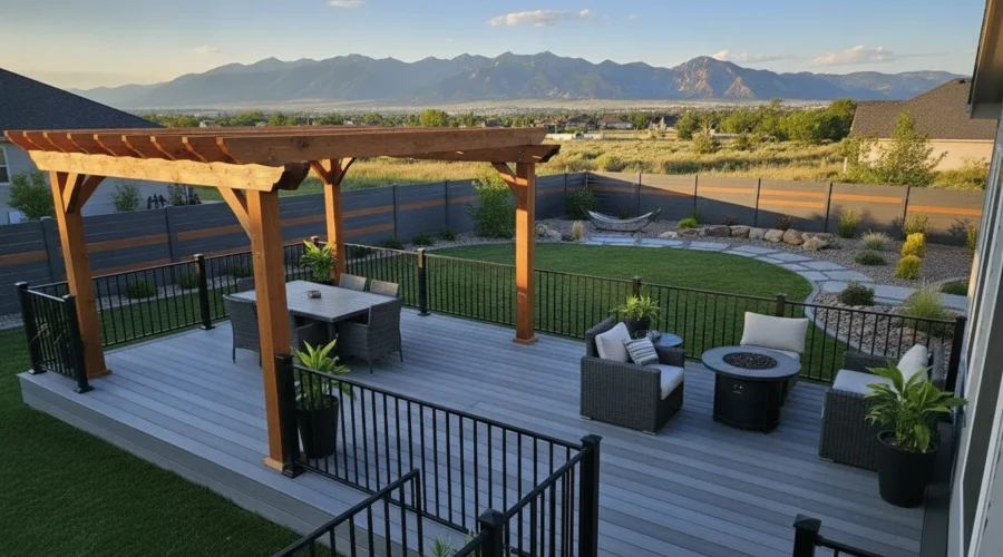 Modern pergola, composite fence, and railing in a Utah backyard