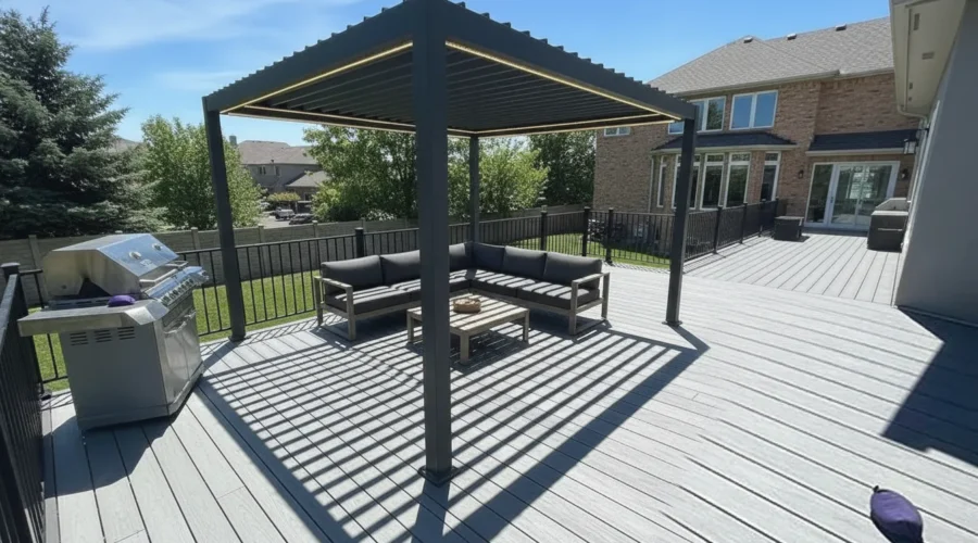 Modern pergola with integrated lighting and sleek lines on a backyard deck.
