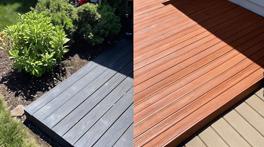A Trex composite deck next to a wood deck, comparing the materials and long-term cost.