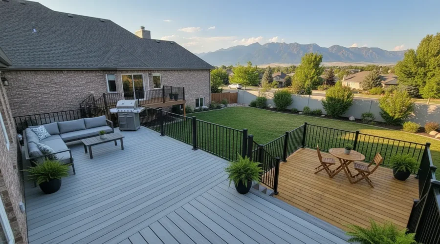 Utah backyard with composite and natural wood deck sections