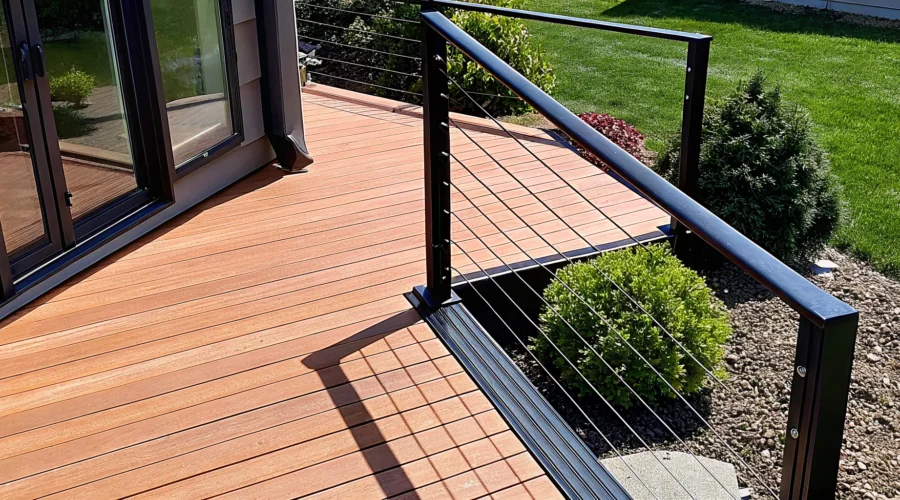 A modern backyard deck built with composite decking and a metal cable railing.