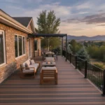 Two-tone composite deck beside a Utah home and mountain landscape