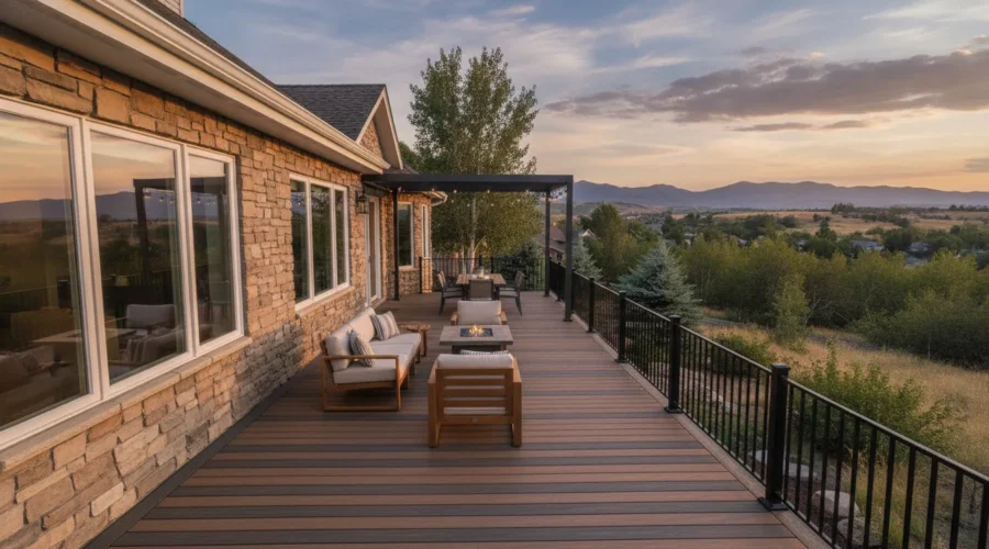 Two-tone composite deck beside a Utah home and mountain landscape