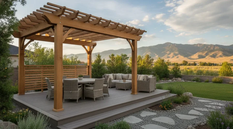 Custom pergola design ideas for a Utah backyard with a deck, privacy screen, and mountain view