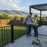 Utah homeowner reviewing deck plans with a deck builder