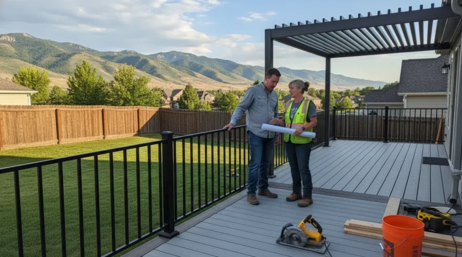 Utah homeowner reviewing deck plans with a deck builder