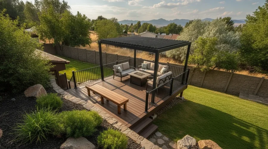 Multi-level composite deck with pergola and seating in a Utah backyard