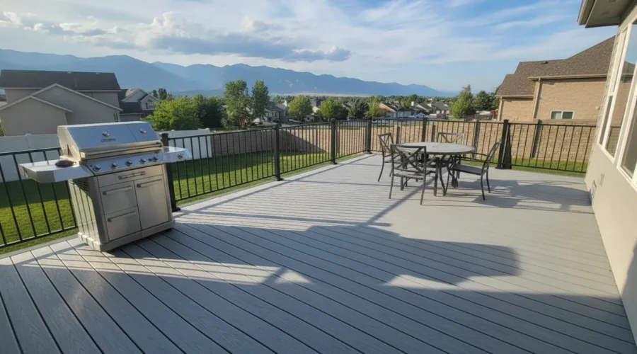 Custom deck railing framing a Utah mountain view