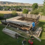 Deck removal Utah project with an aging wood deck being carefully dismantled in a residential yard