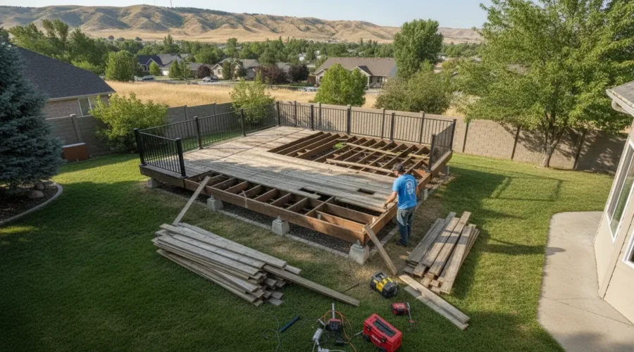Deck removal Utah project with an aging wood deck being carefully dismantled in a residential yard