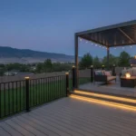 Warmly lit Utah deck and pergola at blue hour