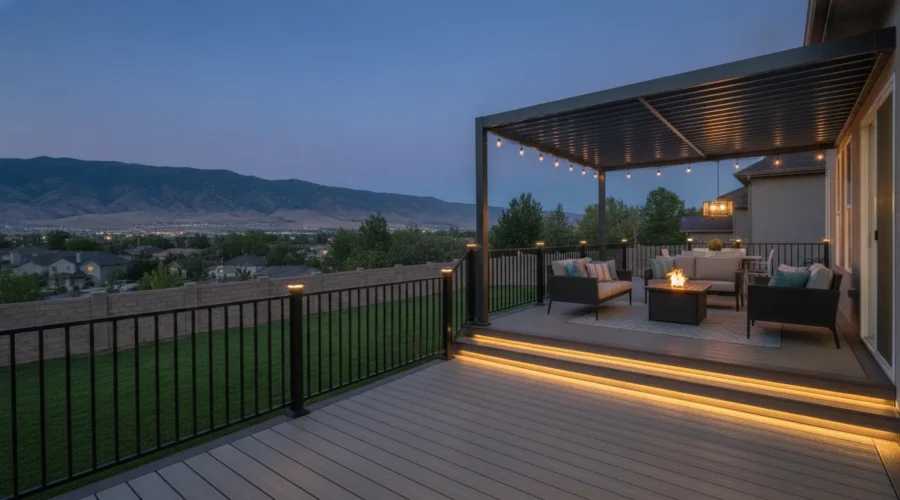 Warmly lit Utah deck and pergola at blue hour