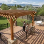 Custom pergola beside a Utah home with a homeowner and builder discussing the project
