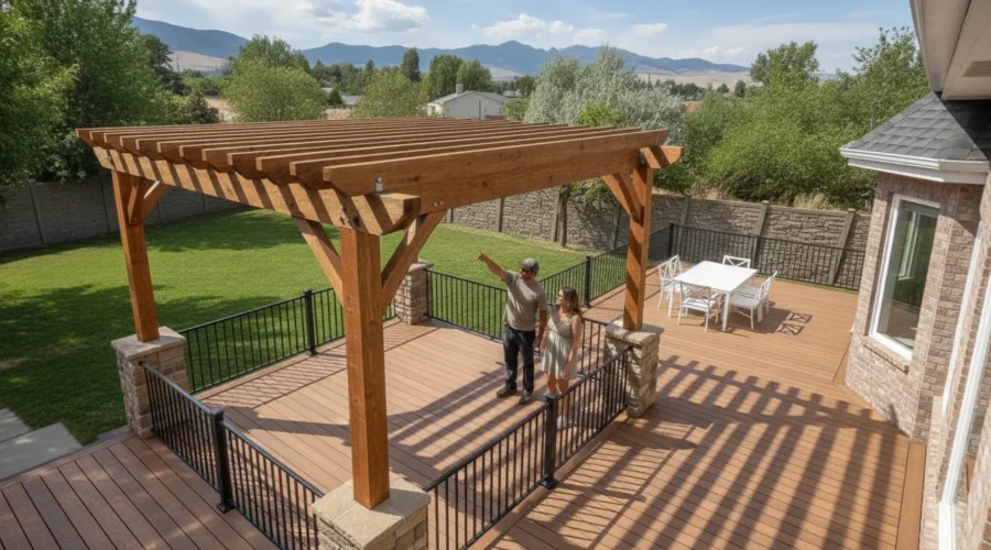 Custom pergola beside a Utah home with a homeowner and builder discussing the project