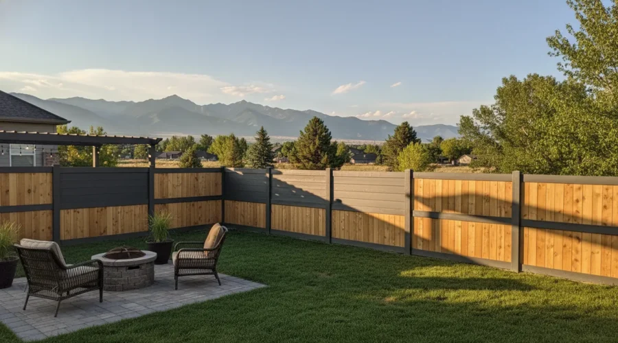 Privacy fence in a Utah suburban backyard with Wasatch Mountains