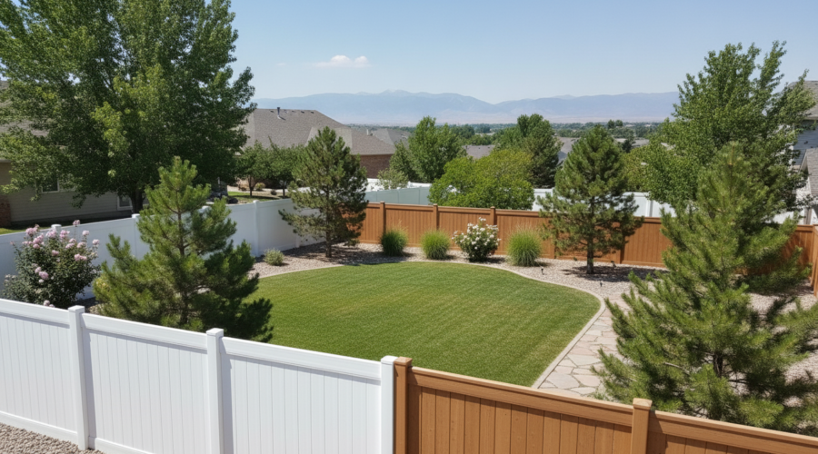 White vinyl and wood-look composite privacy fences in a Utah backyard