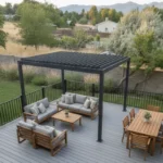 A Utah backyard outdoor room with a deck, pergola, dining area, and mountain views