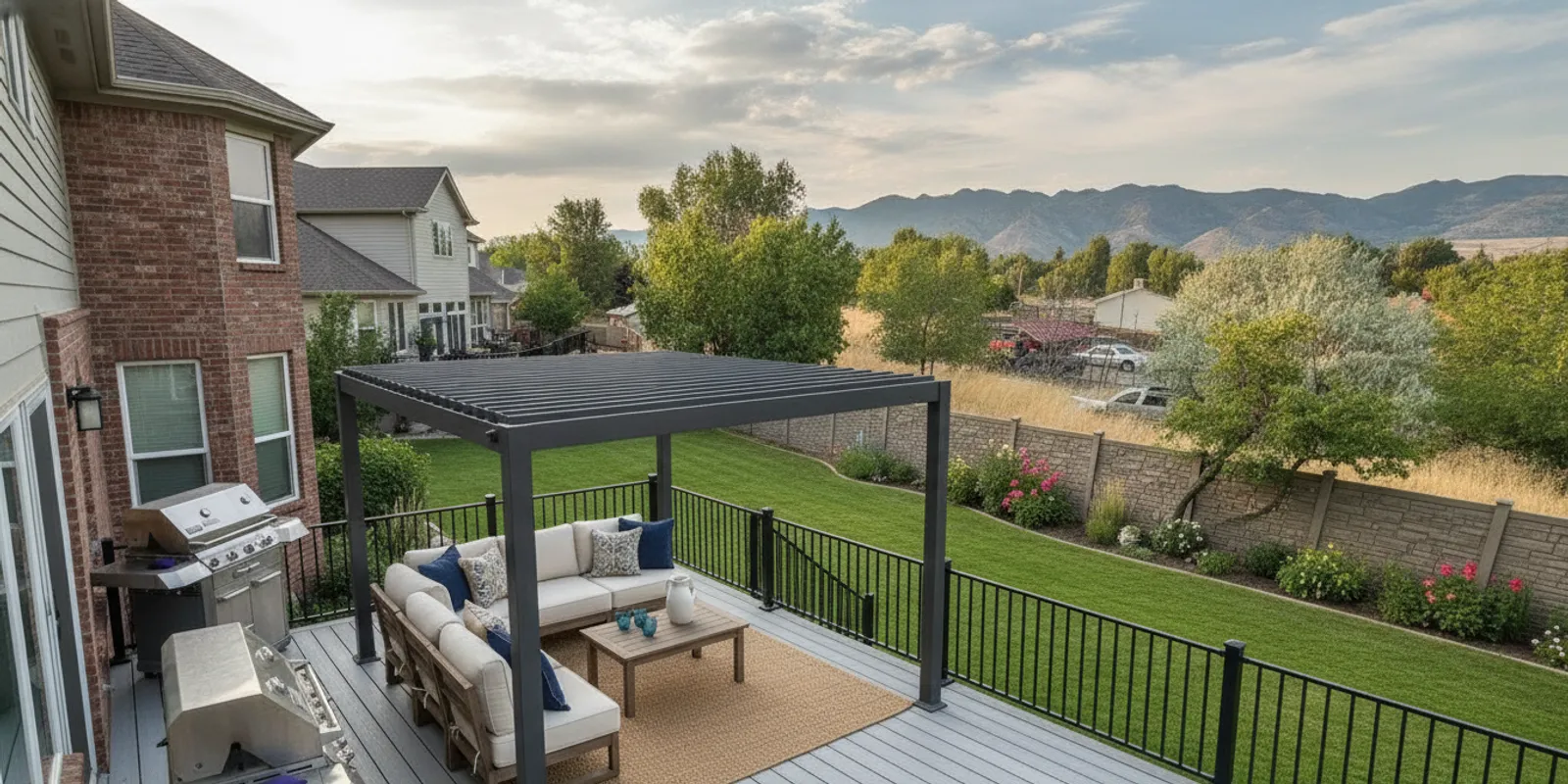 A custom pergola providing shade beside a Utah home and backyard seating area