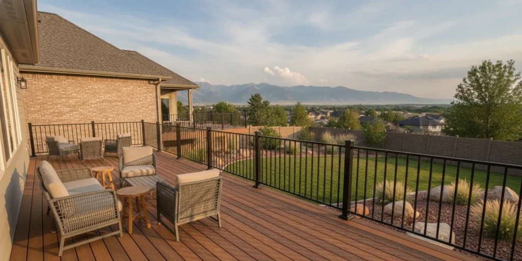 A TimberTech composite deck beside a Utah home with mountain scenery in the background