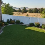 White vinyl fence enclosing a landscaped Utah backyard