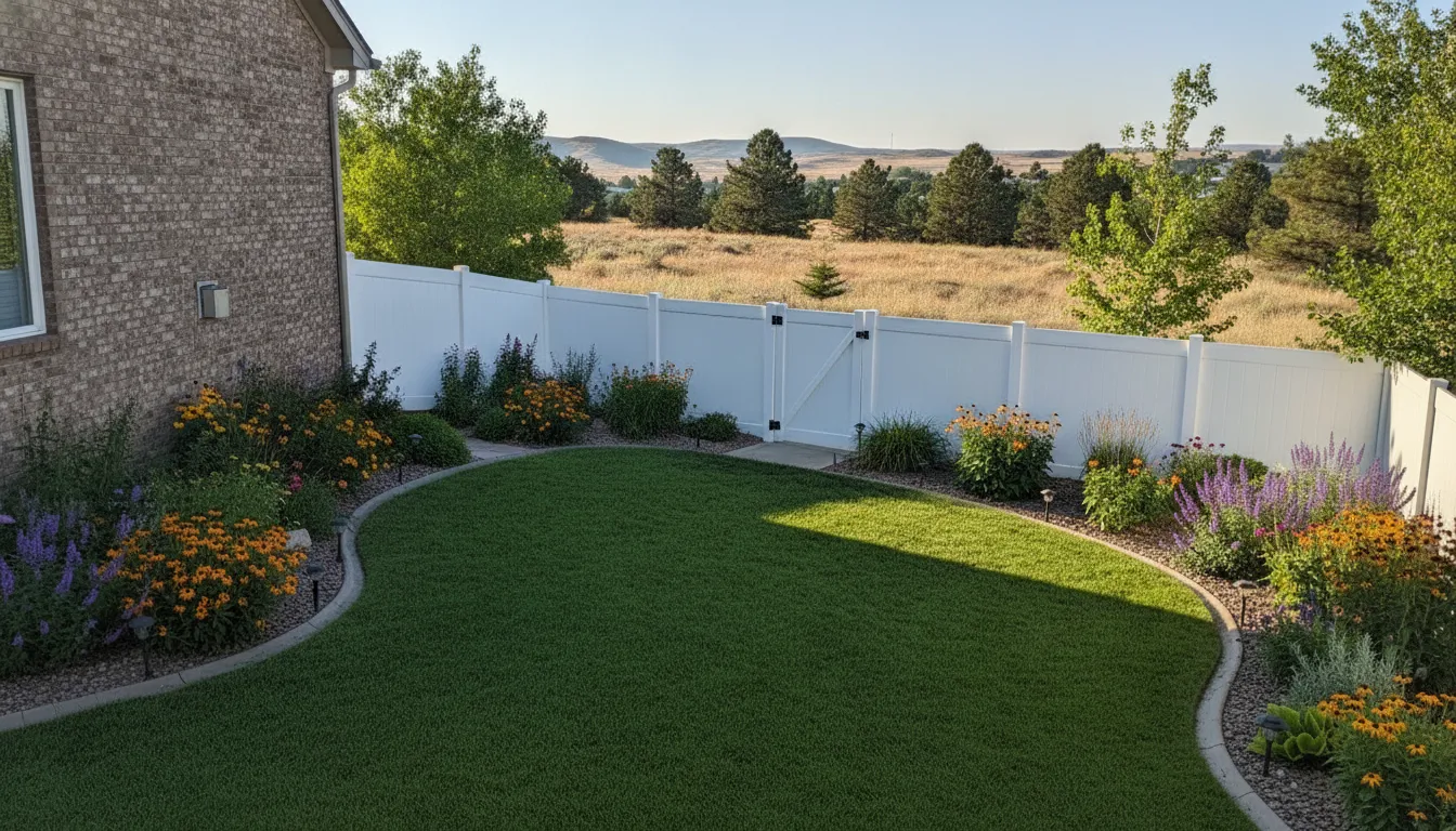 White vinyl fence enclosing a landscaped Utah backyard